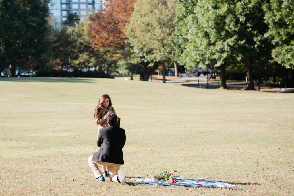 Proposal at Piedmont Park Atlanta, Oak Hill proposal, Kat and Eric Proposal, picnic proposal at Piedmont Park Atlanta