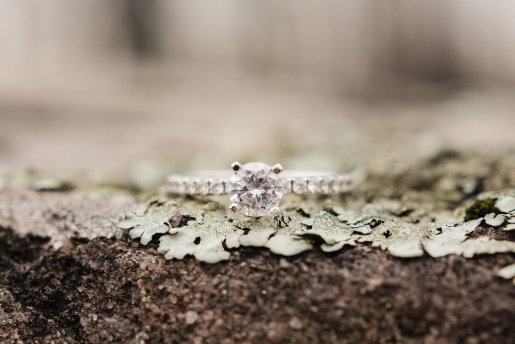 Single stone engagement ring detail photo on top of moss covered rock at FD Roosevelt State Park engagement session