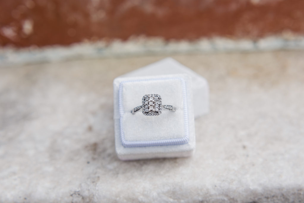 Engagement ring in box detail shot