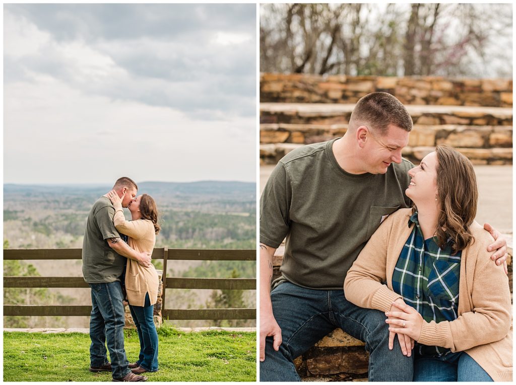 Couple wearing green at their engagement session on mountain top at FD Roosevelt State park