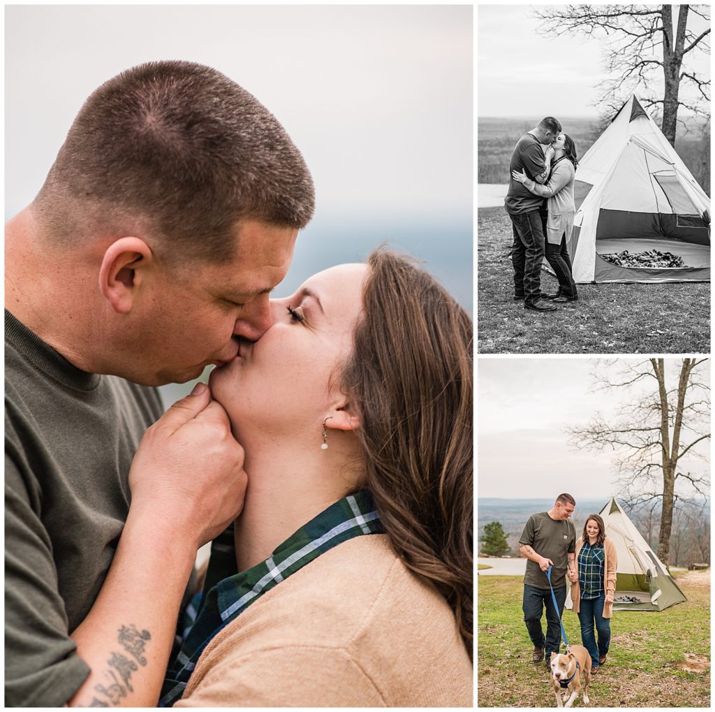 Collage of couple kissing , walking their dog in front of tent at their engagement session at FD Roosevelt State Park