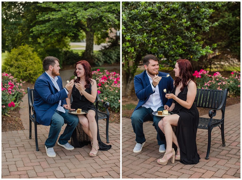 Engaged couple eating cheesecake during their engagement session in Downtown Senoia