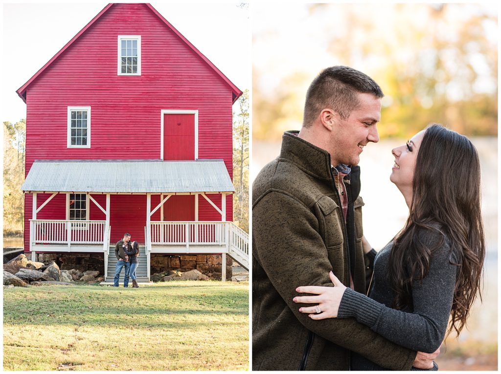 Red barn engagement session, rustic engagement session, Newnan Ga, Starr's Mill, Couples session, couples photos, engagement session Newnan, engagement session peachtree city, romantic engagement, joyful engagement session, plaid engagement, plaid couples session, gray engagement, gray couples session, engaged